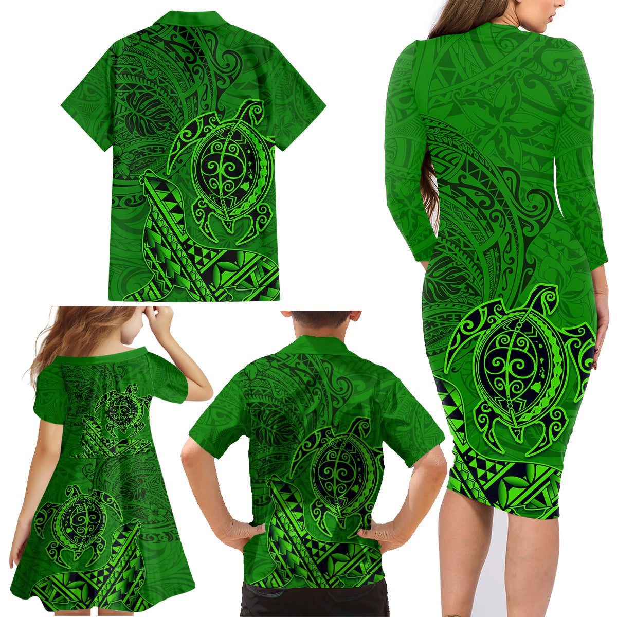 Hawaii Monk Seal and Dolphin Family Matching Long Sleeve Bodycon Dress and Hawaiian Shirt Polynesian Kakau Pattern Green LT03 - Polynesian Pride