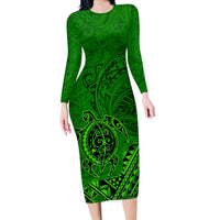 Hawaii Monk Seal and Dolphin Family Matching Long Sleeve Bodycon Dress and Hawaiian Shirt Polynesian Kakau Pattern Green LT03 Mom's Dress Green - Polynesian Pride