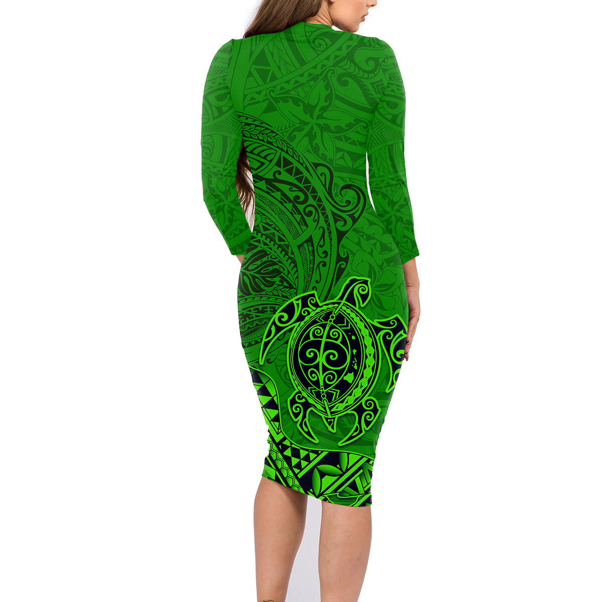 Hawaii Monk Seal and Dolphin Family Matching Long Sleeve Bodycon Dress and Hawaiian Shirt Polynesian Kakau Pattern Green LT03 - Polynesian Pride