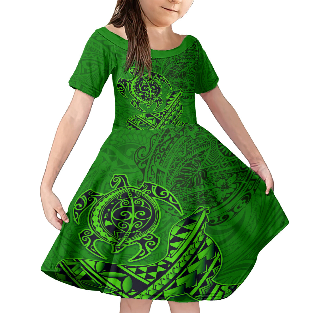 Hawaii Monk Seal and Dolphin Family Matching Off The Shoulder Long Sleeve Dress and Hawaiian Shirt Polynesian Kakau Pattern Green LT03 Daughter's Dress Green - Polynesian Pride