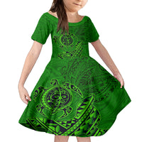 Hawaii Monk Seal and Dolphin Family Matching Off The Shoulder Long Sleeve Dress and Hawaiian Shirt Polynesian Kakau Pattern Green LT03 Daughter's Dress Green - Polynesian Pride