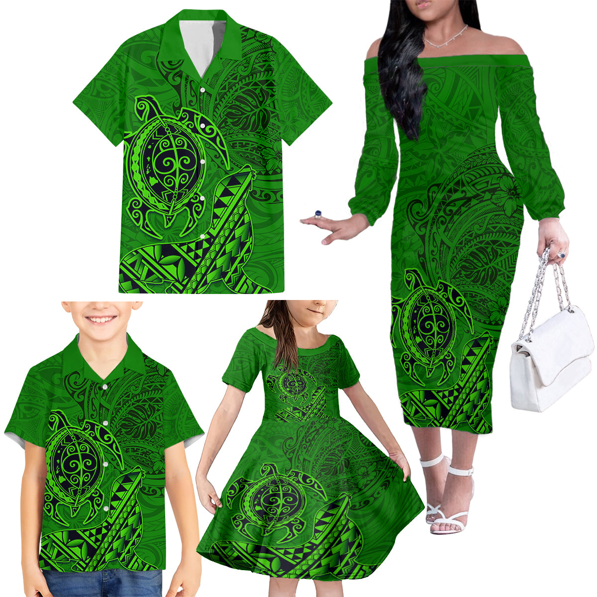 Hawaii Monk Seal and Dolphin Family Matching Off The Shoulder Long Sleeve Dress and Hawaiian Shirt Polynesian Kakau Pattern Green LT03 - Polynesian Pride
