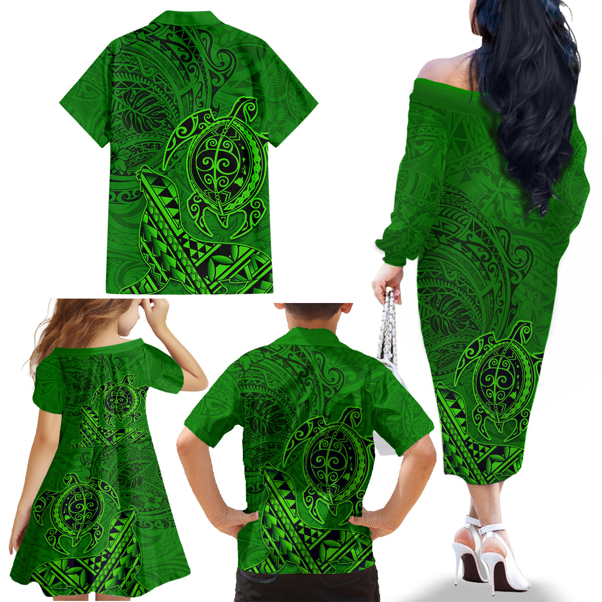 Hawaii Monk Seal and Dolphin Family Matching Off The Shoulder Long Sleeve Dress and Hawaiian Shirt Polynesian Kakau Pattern Green LT03 - Polynesian Pride