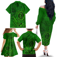 Hawaii Monk Seal and Dolphin Family Matching Off The Shoulder Long Sleeve Dress and Hawaiian Shirt Polynesian Kakau Pattern Green LT03 - Polynesian Pride