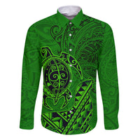 Hawaii Monk Seal and Dolphin Family Matching Off The Shoulder Long Sleeve Dress and Hawaiian Shirt Polynesian Kakau Pattern Green LT03 Dad's Shirt - Long Sleeve Green - Polynesian Pride