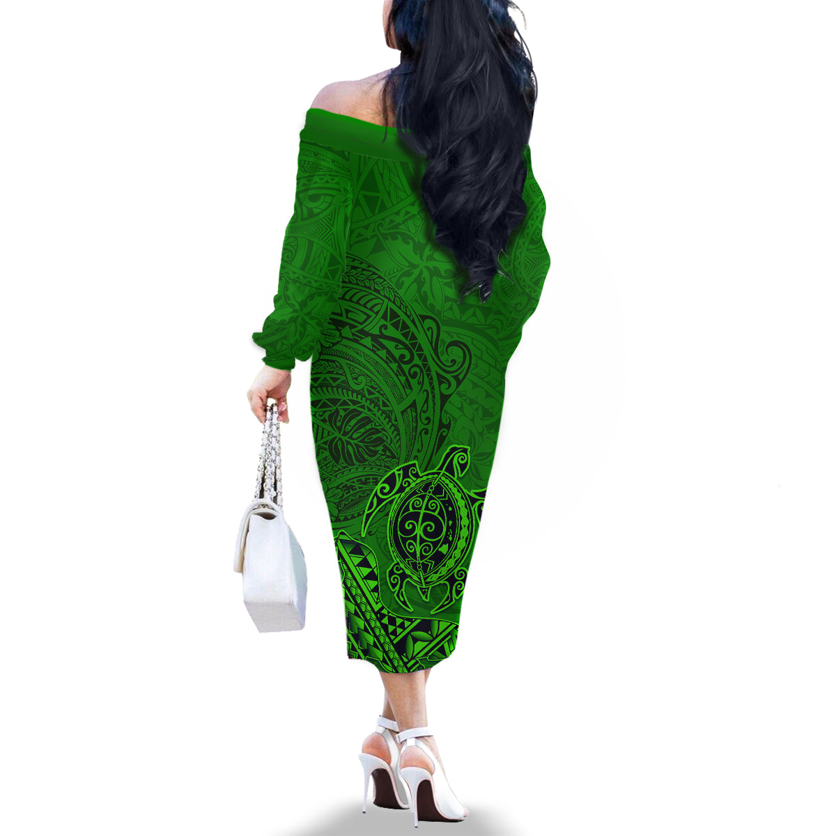 Hawaii Monk Seal and Dolphin Family Matching Off The Shoulder Long Sleeve Dress and Hawaiian Shirt Polynesian Kakau Pattern Green LT03 - Polynesian Pride