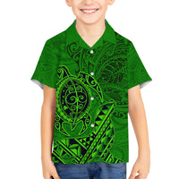 Hawaii Monk Seal and Dolphin Family Matching Off The Shoulder Long Sleeve Dress and Hawaiian Shirt Polynesian Kakau Pattern Green LT03 Son's Shirt Green - Polynesian Pride