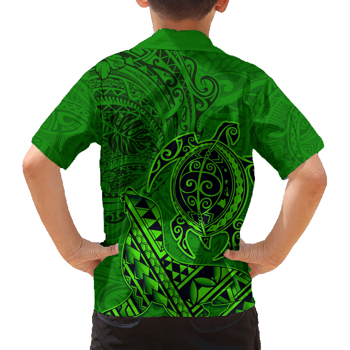Hawaii Monk Seal and Dolphin Family Matching Off Shoulder Maxi Dress and Hawaiian Shirt Polynesian Kakau Pattern Green