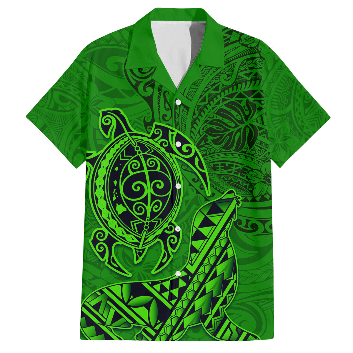 Hawaii Monk Seal and Dolphin Family Matching Off Shoulder Maxi Dress and Hawaiian Shirt Polynesian Kakau Pattern Green