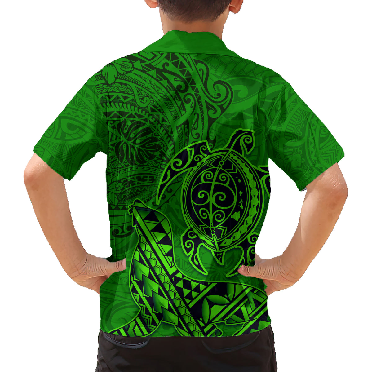Hawaii Monk Seal and Dolphin Family Matching Short Sleeve Bodycon Dress and Hawaiian Shirt Polynesian Kakau Pattern Green LT03 - Polynesian Pride