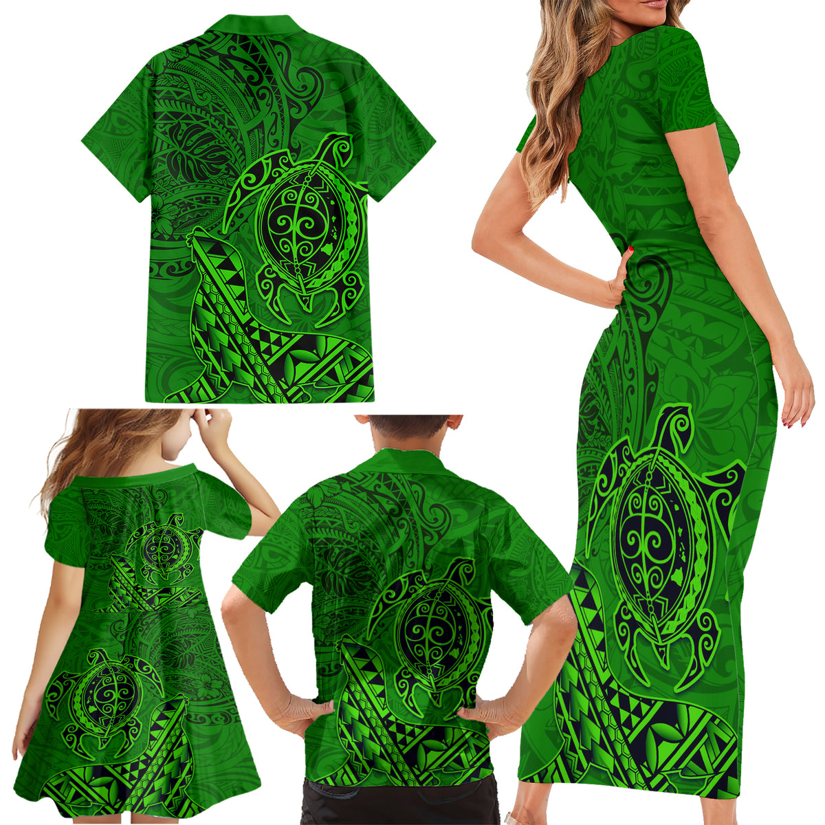 Hawaii Monk Seal and Dolphin Family Matching Short Sleeve Bodycon Dress and Hawaiian Shirt Polynesian Kakau Pattern Green LT03 - Polynesian Pride