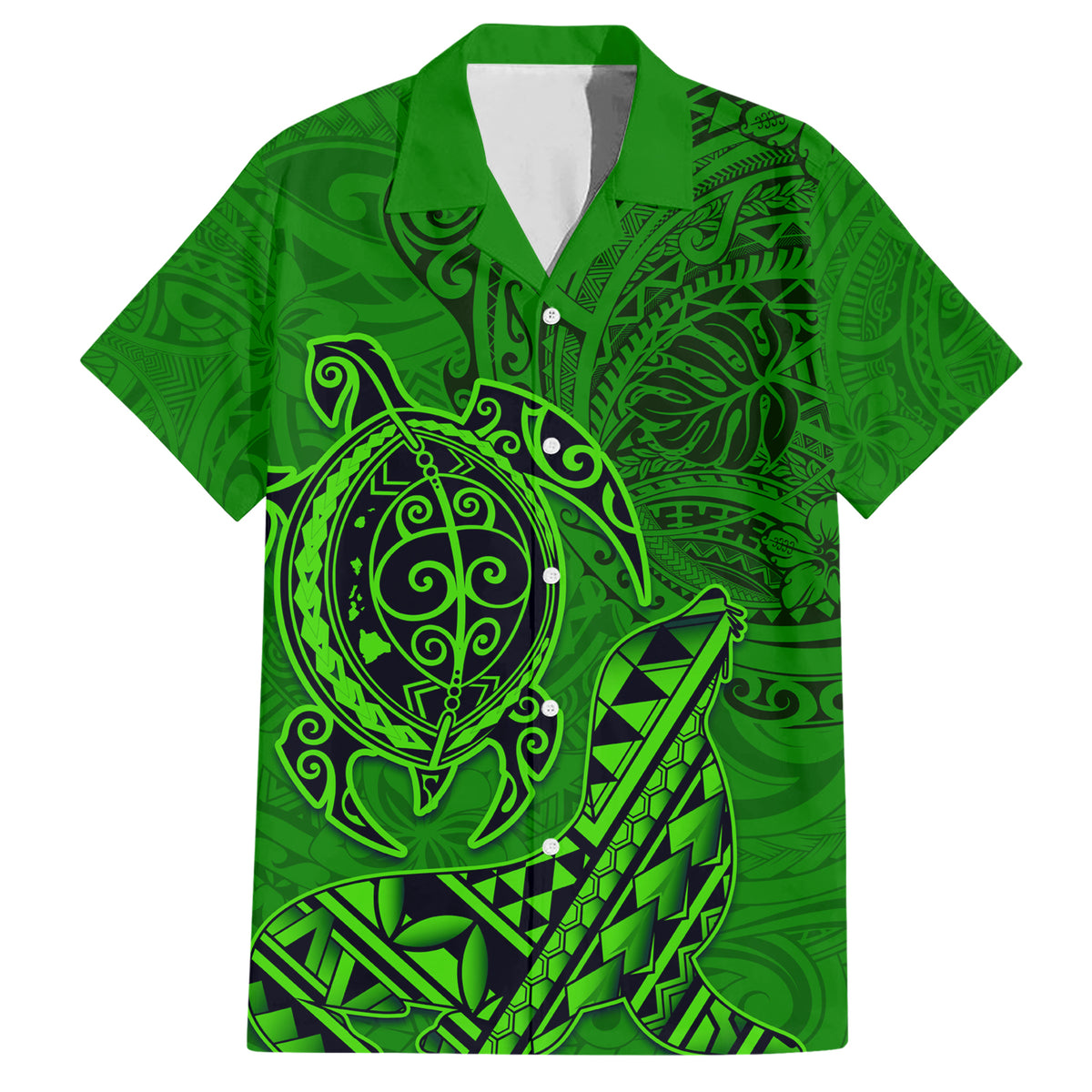 Hawaii Monk Seal and Dolphin Family Matching Short Sleeve Bodycon Dress and Hawaiian Shirt Polynesian Kakau Pattern Green LT03 Dad's Shirt - Short Sleeve Green - Polynesian Pride