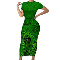 Hawaii Monk Seal and Dolphin Family Matching Short Sleeve Bodycon Dress and Hawaiian Shirt Polynesian Kakau Pattern Green LT03 Mom's Dress Green - Polynesian Pride