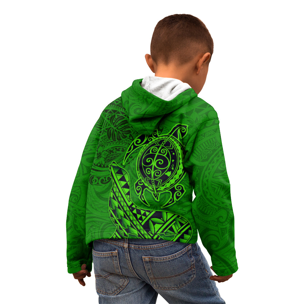 Hawaii Monk Seal and Dolphin Kid Hoodie Polynesian Kakau Pattern Green