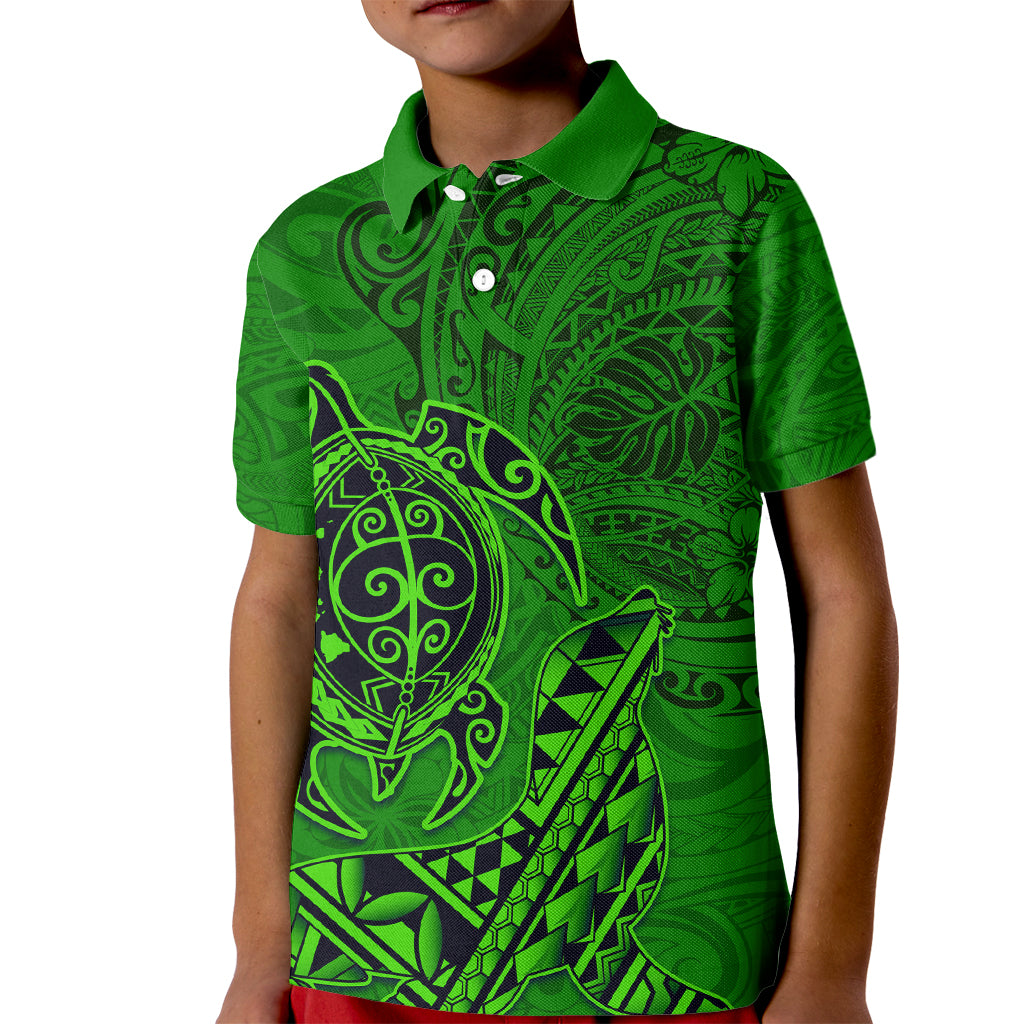 Hawaii Monk Seal and Dolphin Kid Polo Shirt Polynesian Kakau Pattern Green