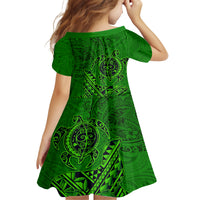 Hawaii Monk Seal and Dolphin Kid Short Sleeve Dress Polynesian Kakau Pattern Green