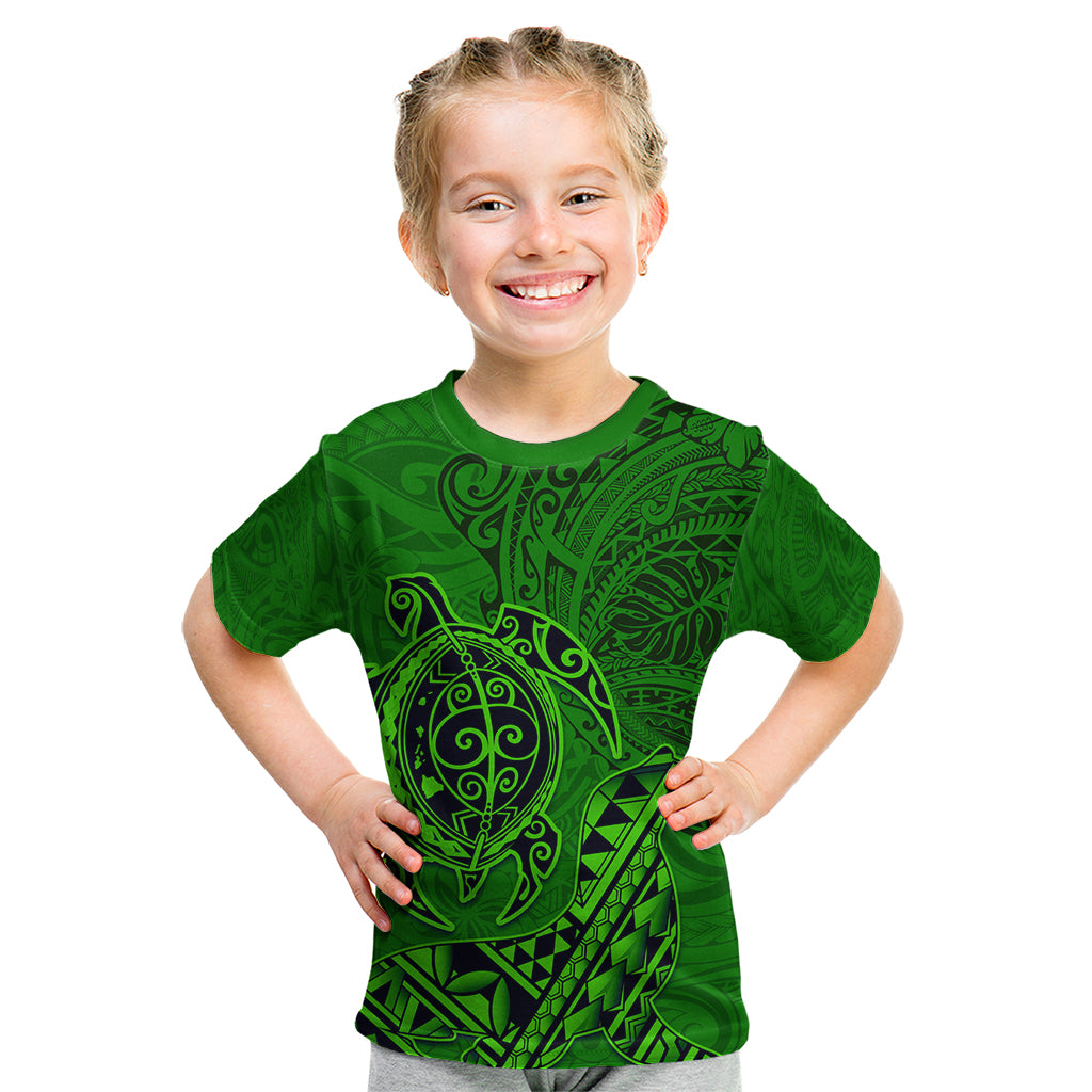 Hawaii Monk Seal and Dolphin Kid T Shirt Polynesian Kakau Pattern Green