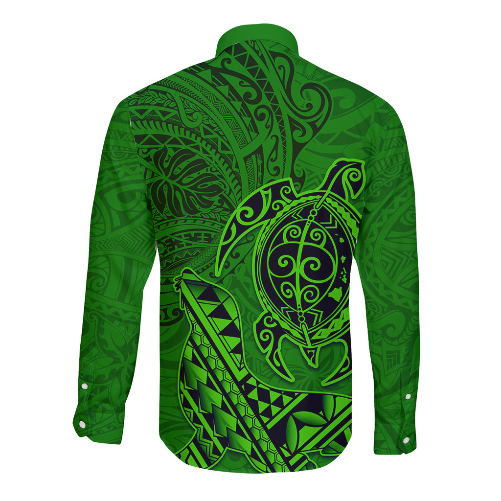 Hawaii Monk Seal and Dolphin Long Sleeve Button Shirt Polynesian Kakau Pattern Green