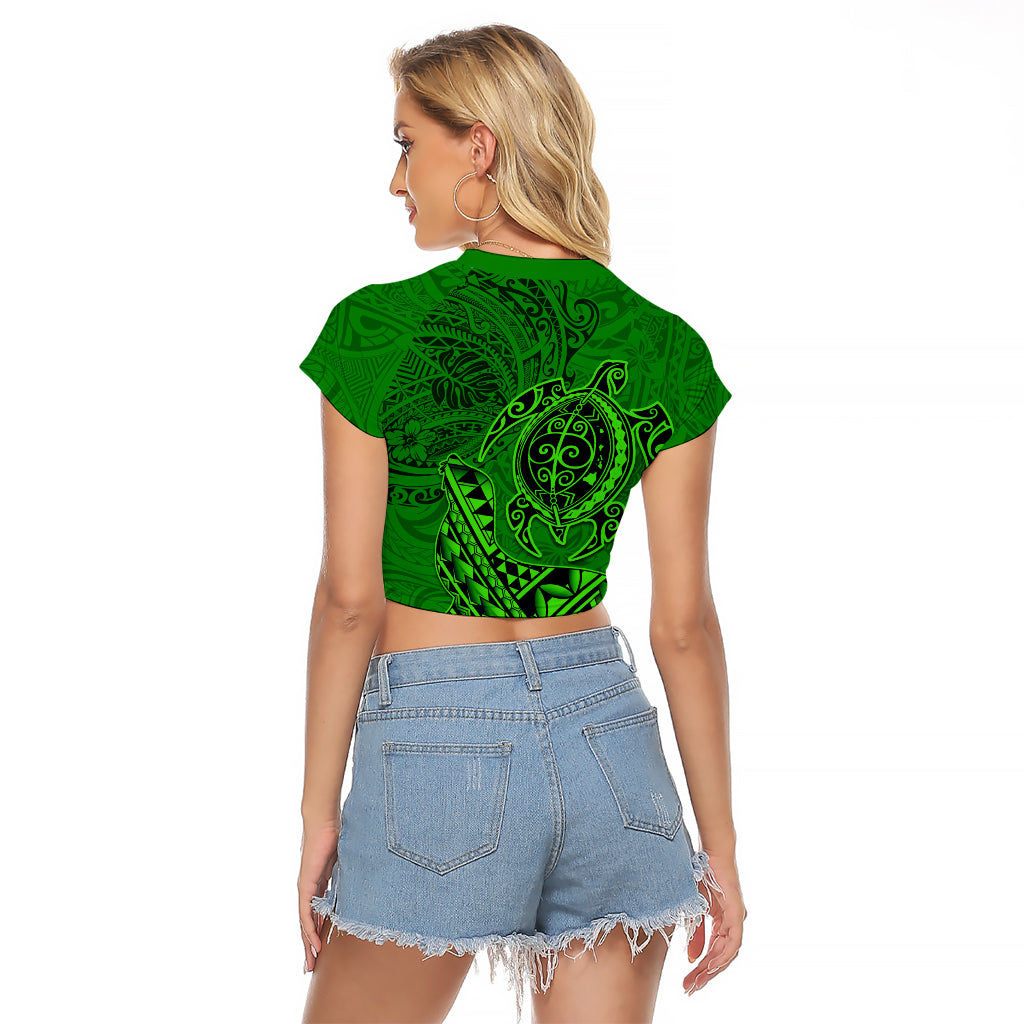 Hawaii Monk Seal and Dolphin Raglan Cropped T Shirt Polynesian Kakau Pattern Green