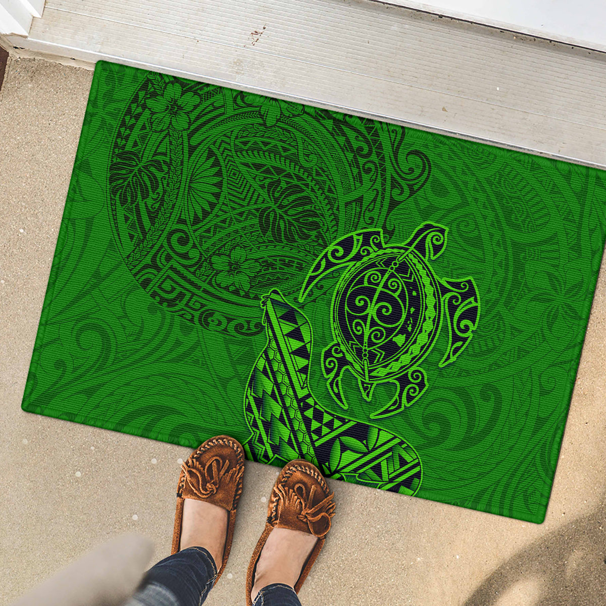 Hawaii Monk Seal and Dolphin Rubber Doormat Polynesian Kakau Pattern Green