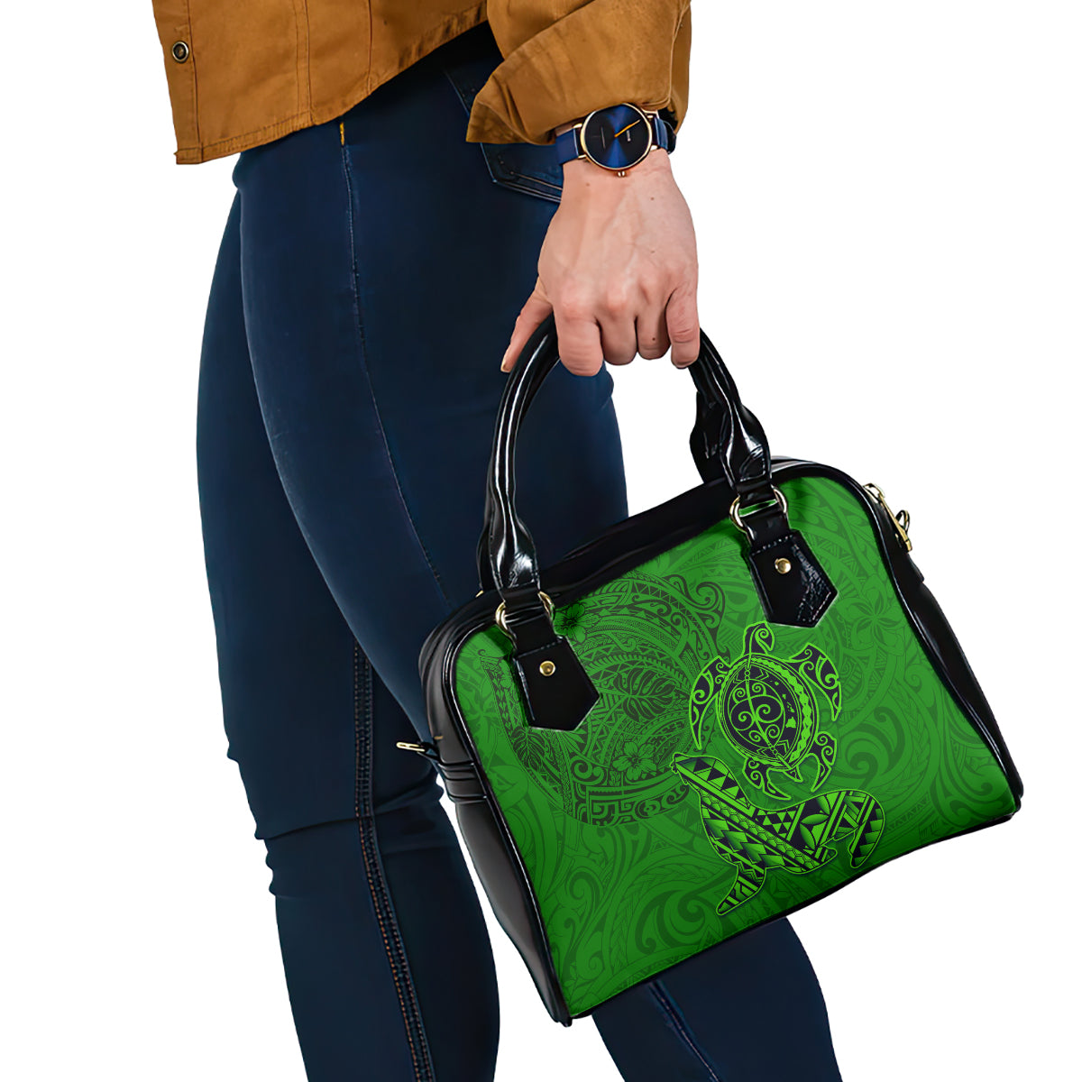 Hawaii Monk Seal and Dolphin Shoulder Handbag Polynesian Kakau Pattern Green