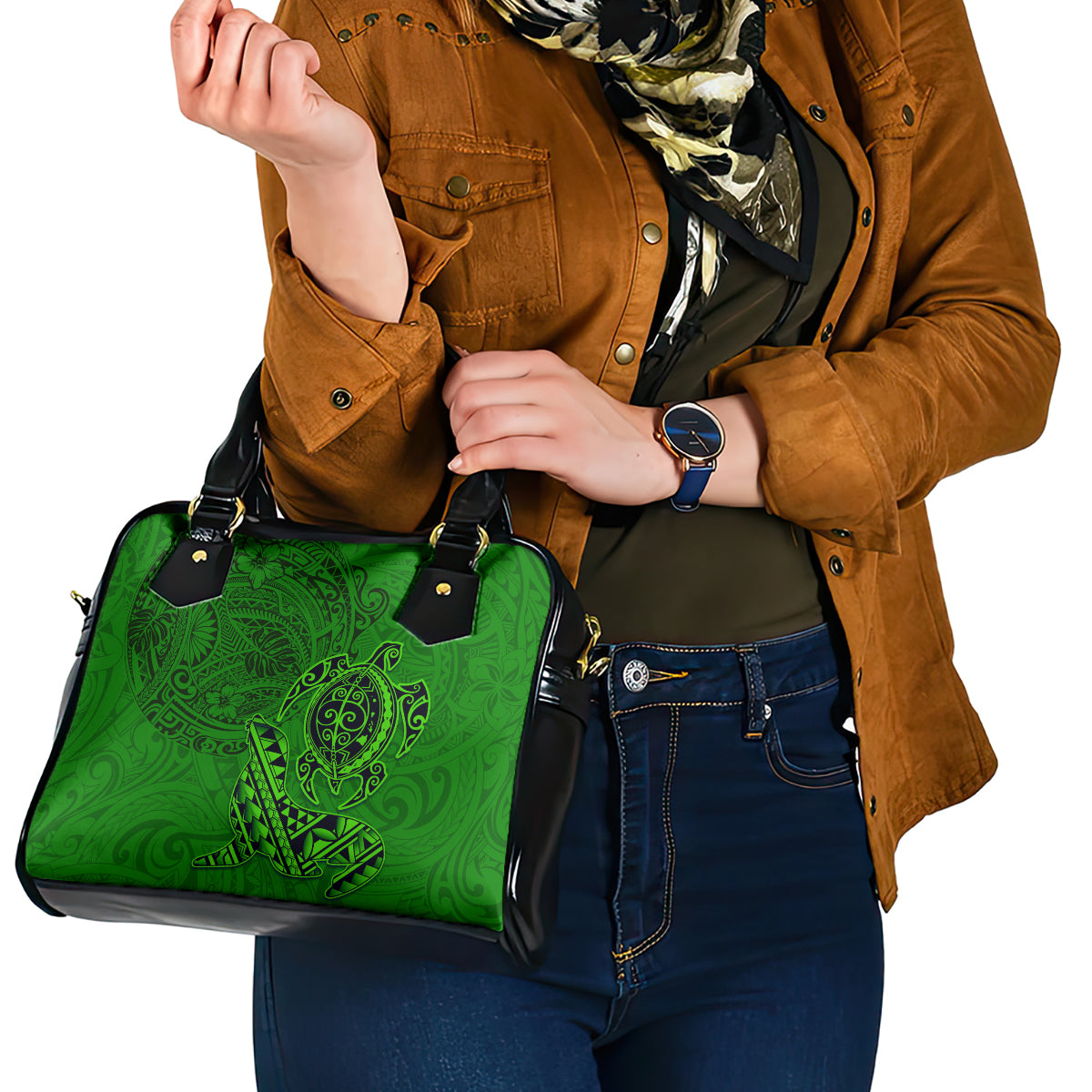 Hawaii Monk Seal and Dolphin Shoulder Handbag Polynesian Kakau Pattern Green