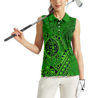 Hawaii Monk Seal and Dolphin Women Sleeveless Polo Shirt Polynesian Kakau Pattern Green