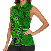 Hawaii Monk Seal and Dolphin Women Sleeveless Polo Shirt Polynesian Kakau Pattern Green