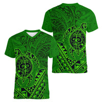 Hawaii Monk Seal and Dolphin Women V-Neck T-Shirt Polynesian Kakau Pattern Green