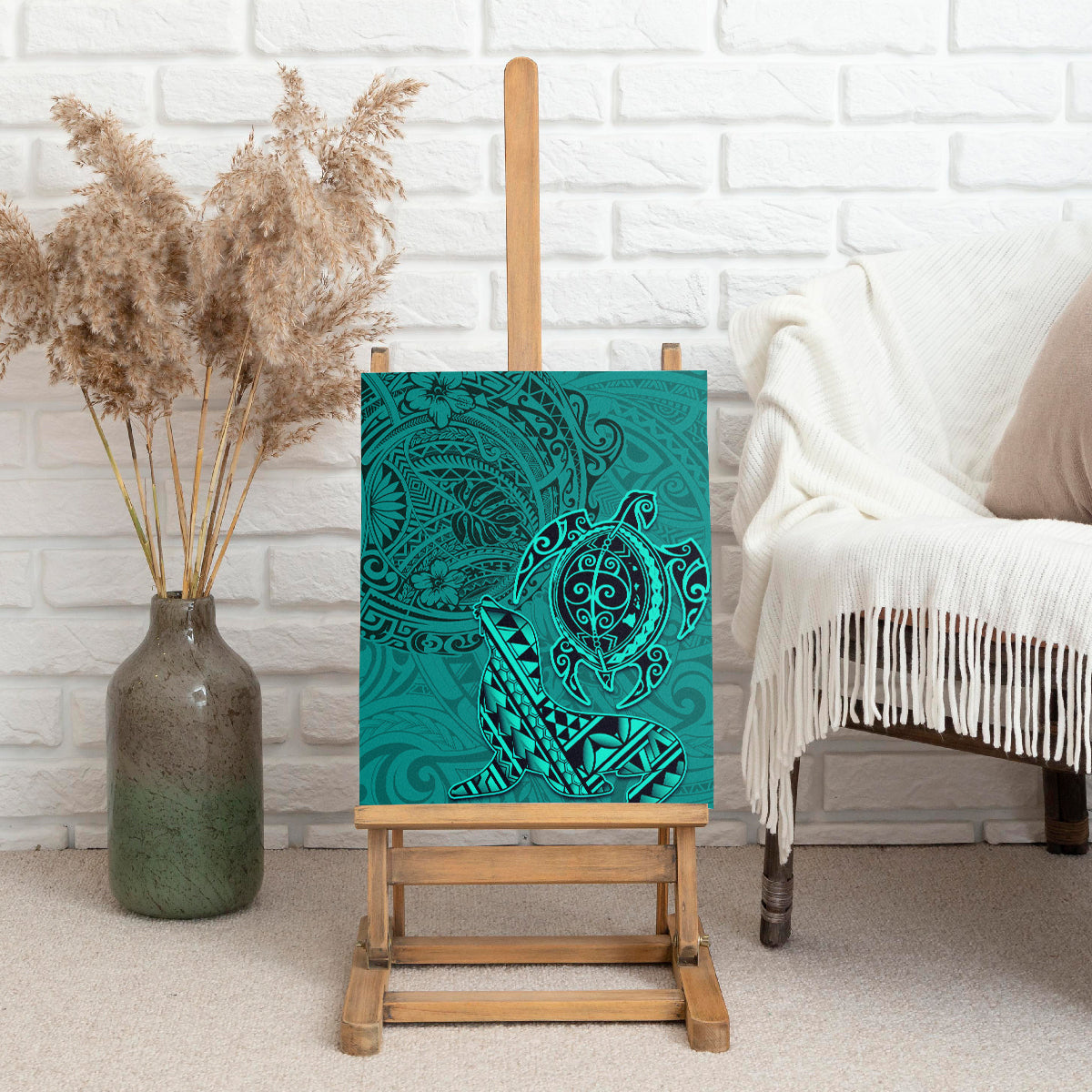 Hawaii Monk Seal and Dolphin Canvas Wall Art Polynesian Kakau Pattern Turquoise