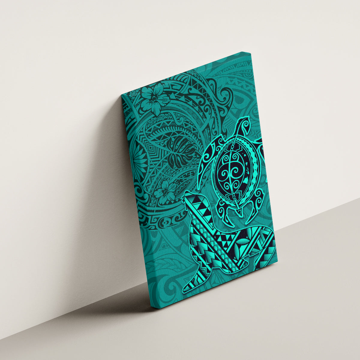 Hawaii Monk Seal and Dolphin Canvas Wall Art Polynesian Kakau Pattern Turquoise