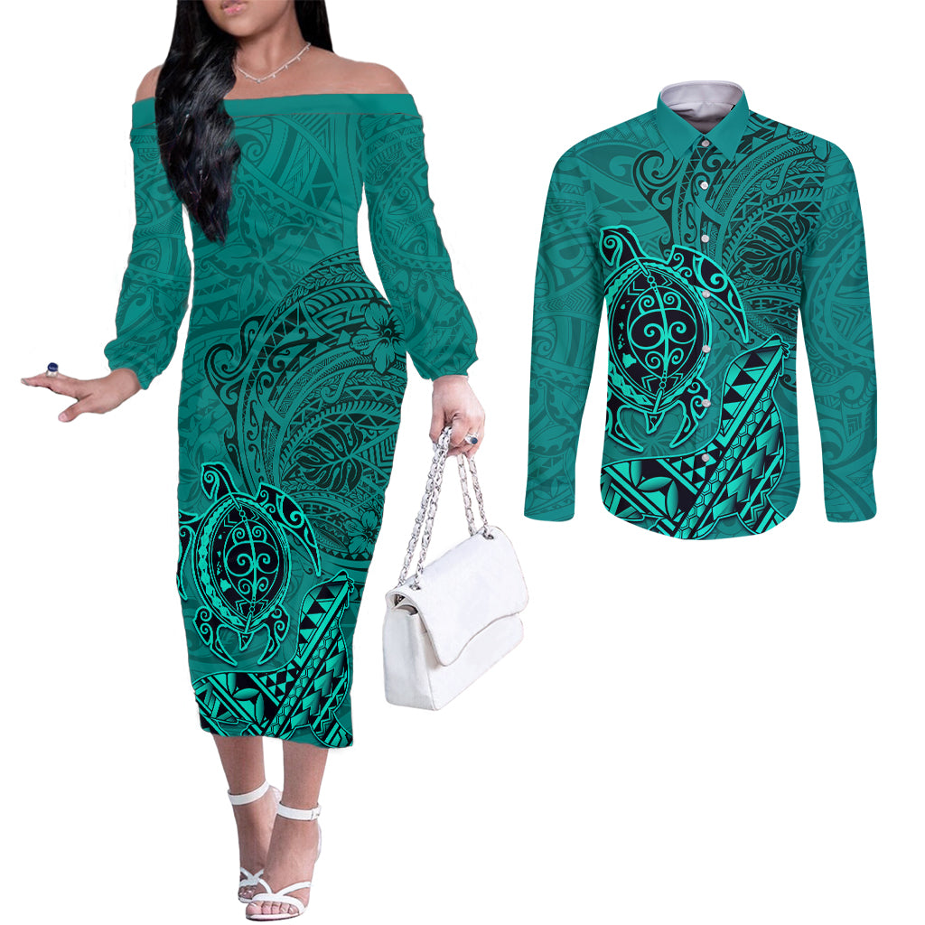 Hawaii Monk Seal and Dolphin Couples Matching Off The Shoulder Long Sleeve Dress and Long Sleeve Button Shirt Polynesian Kakau Pattern Turquoise