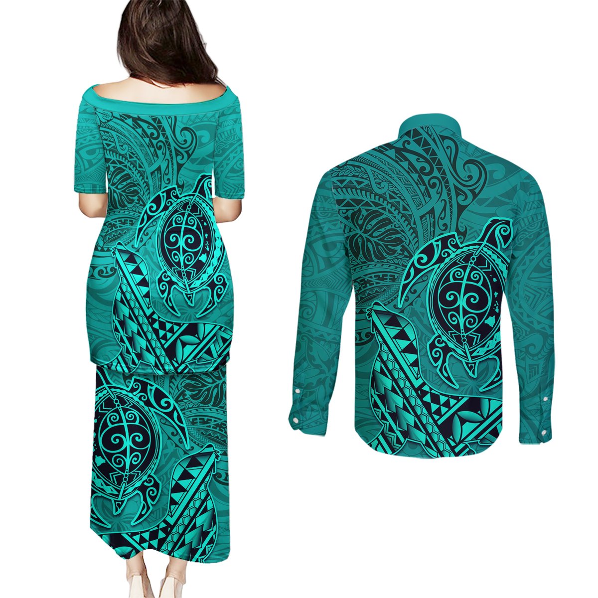 Hawaii Monk Seal and Dolphin Couples Matching Puletasi and Long Sleeve Button Shirt Polynesian Kakau Pattern Turquoise