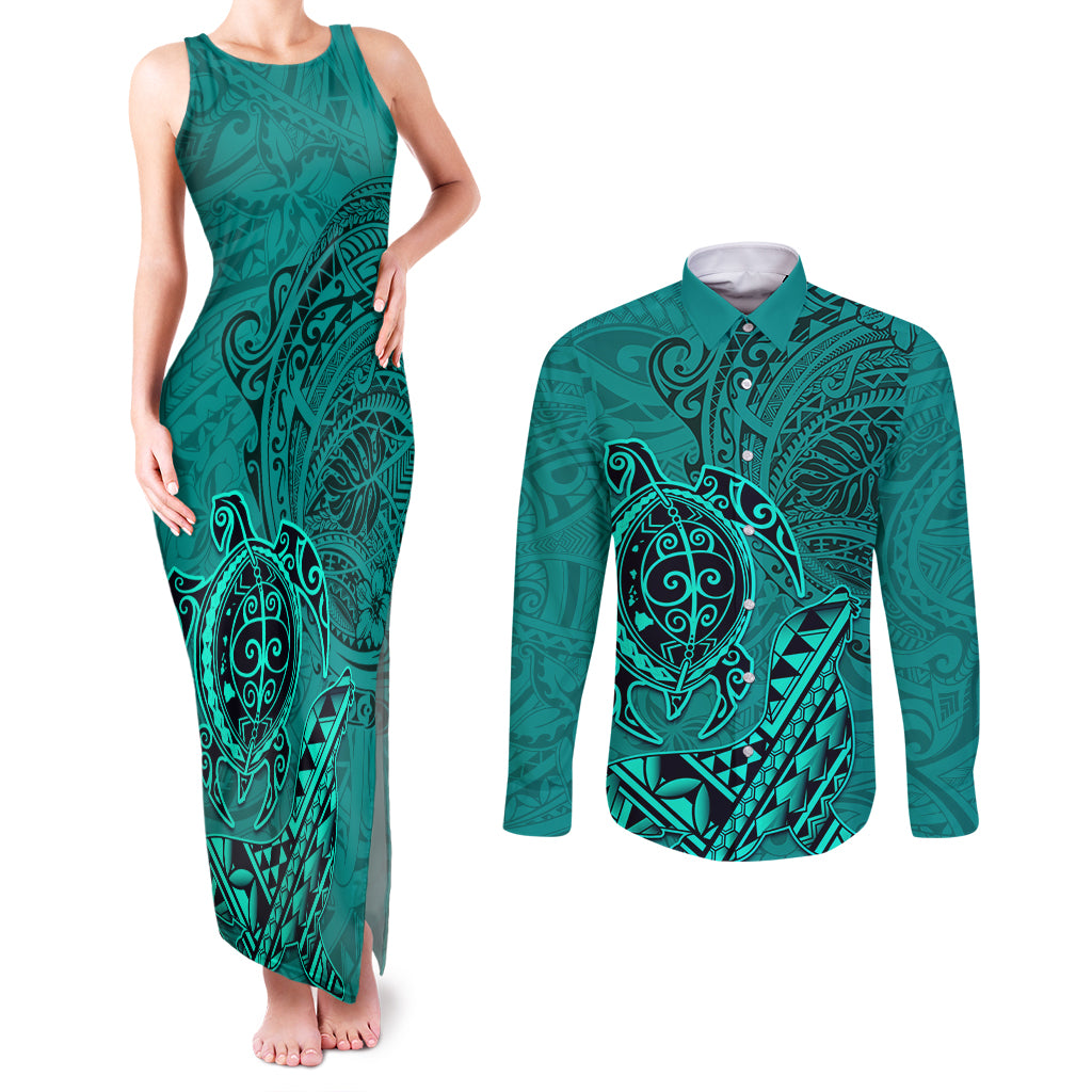 Hawaii Monk Seal and Dolphin Couples Matching Tank Maxi Dress and Long Sleeve Button Shirt Polynesian Kakau Pattern Turquoise