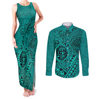 Hawaii Monk Seal and Dolphin Couples Matching Tank Maxi Dress and Long Sleeve Button Shirt Polynesian Kakau Pattern Turquoise