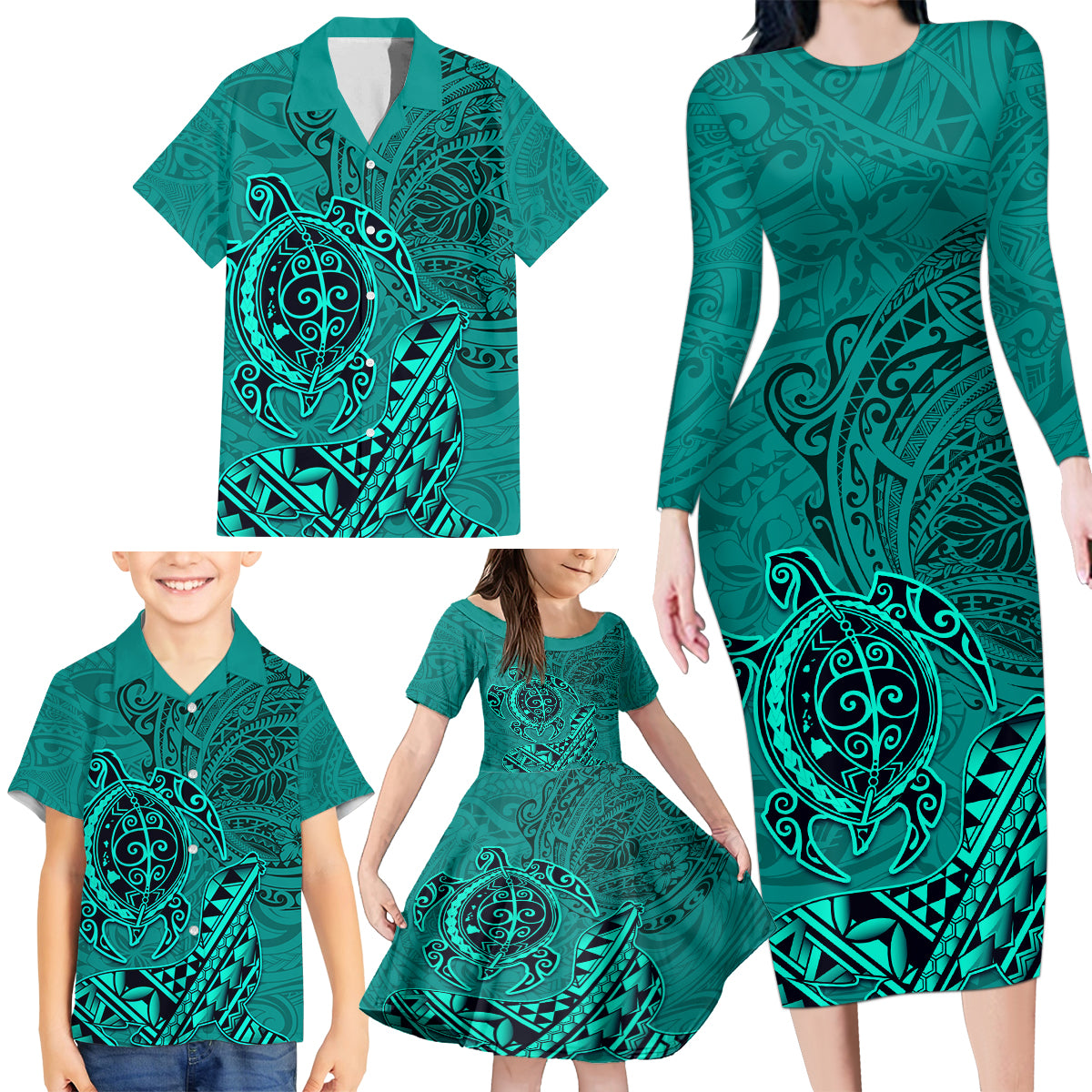 Hawaii Monk Seal and Dolphin Family Matching Long Sleeve Bodycon Dress and Hawaiian Shirt Polynesian Kakau Pattern Turquoise LT03 - Polynesian Pride