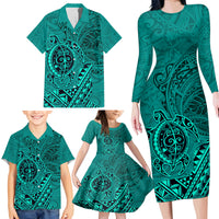 Hawaii Monk Seal and Dolphin Family Matching Long Sleeve Bodycon Dress and Hawaiian Shirt Polynesian Kakau Pattern Turquoise LT03 - Polynesian Pride