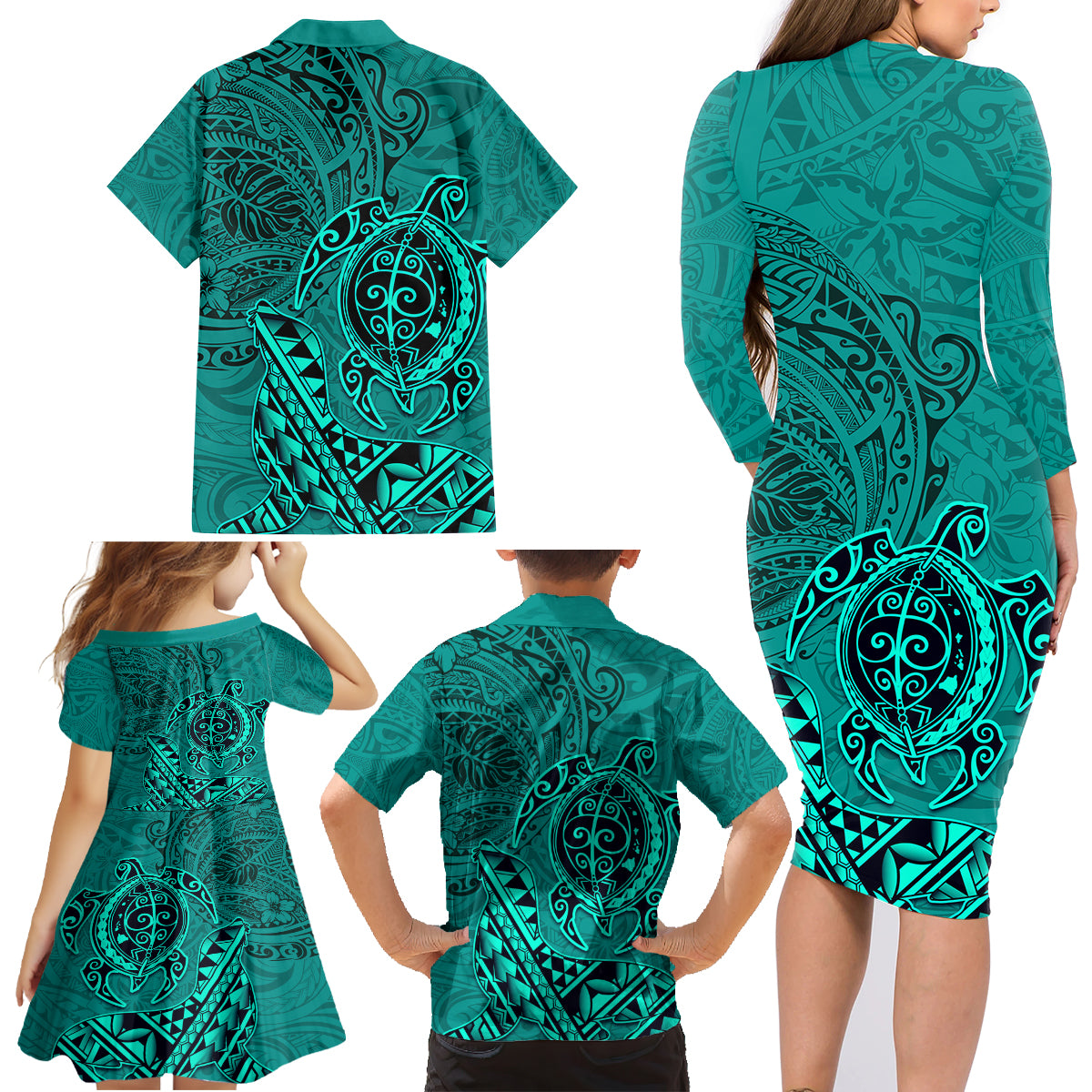 Hawaii Monk Seal and Dolphin Family Matching Long Sleeve Bodycon Dress and Hawaiian Shirt Polynesian Kakau Pattern Turquoise LT03 - Polynesian Pride
