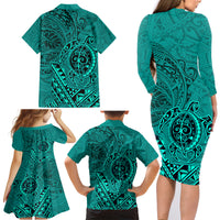 Hawaii Monk Seal and Dolphin Family Matching Long Sleeve Bodycon Dress and Hawaiian Shirt Polynesian Kakau Pattern Turquoise LT03 - Polynesian Pride