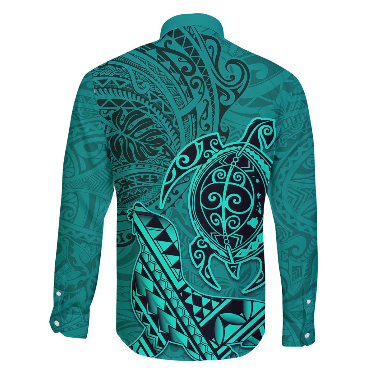 Hawaii Monk Seal and Dolphin Family Matching Long Sleeve Bodycon Dress and Hawaiian Shirt Polynesian Kakau Pattern Turquoise LT03 - Polynesian Pride