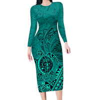 Hawaii Monk Seal and Dolphin Family Matching Long Sleeve Bodycon Dress and Hawaiian Shirt Polynesian Kakau Pattern Turquoise LT03 Mom's Dress Turquoise - Polynesian Pride