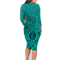 Hawaii Monk Seal and Dolphin Family Matching Long Sleeve Bodycon Dress and Hawaiian Shirt Polynesian Kakau Pattern Turquoise LT03 - Polynesian Pride