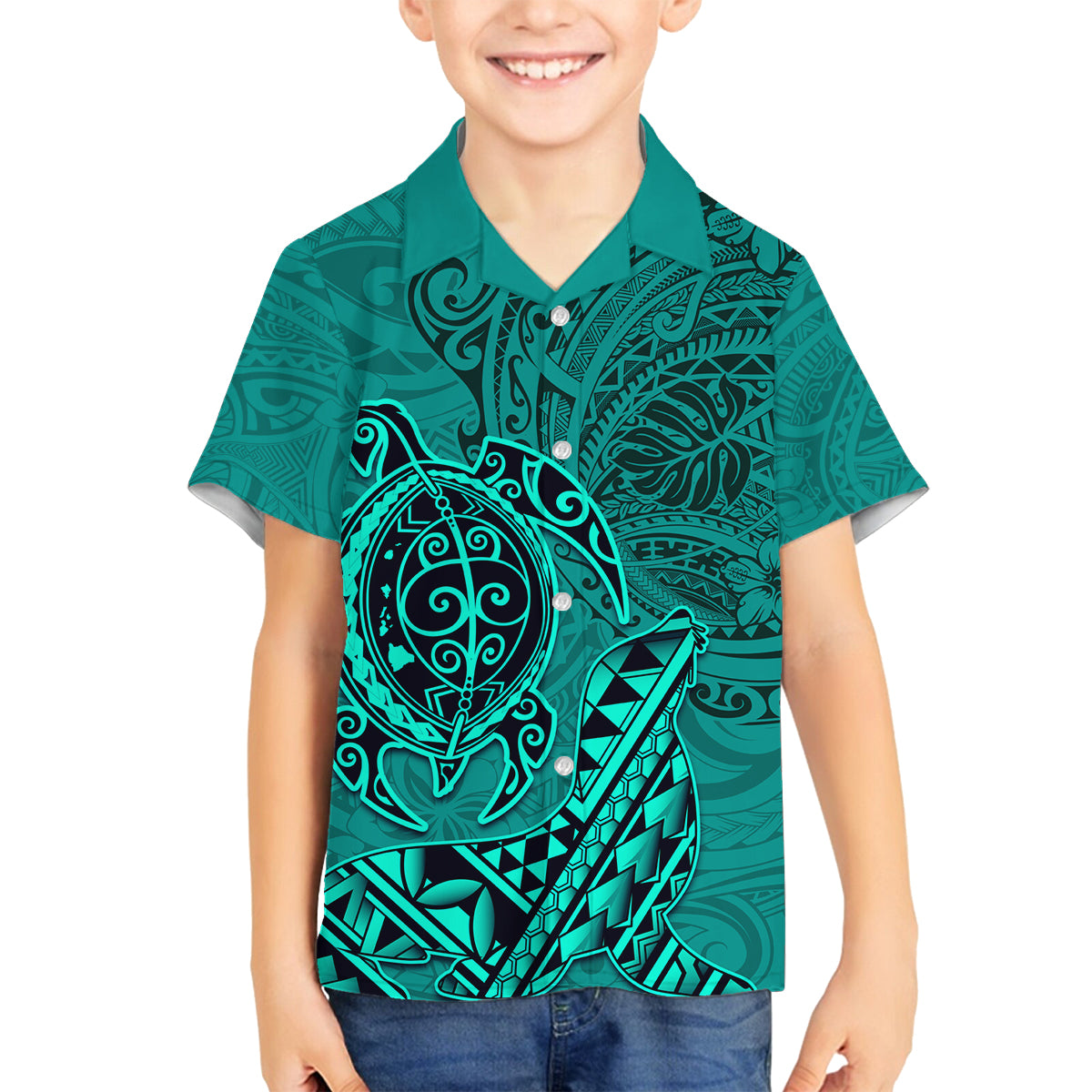 Hawaii Monk Seal and Dolphin Family Matching Long Sleeve Bodycon Dress and Hawaiian Shirt Polynesian Kakau Pattern Turquoise LT03 Son's Shirt Turquoise - Polynesian Pride