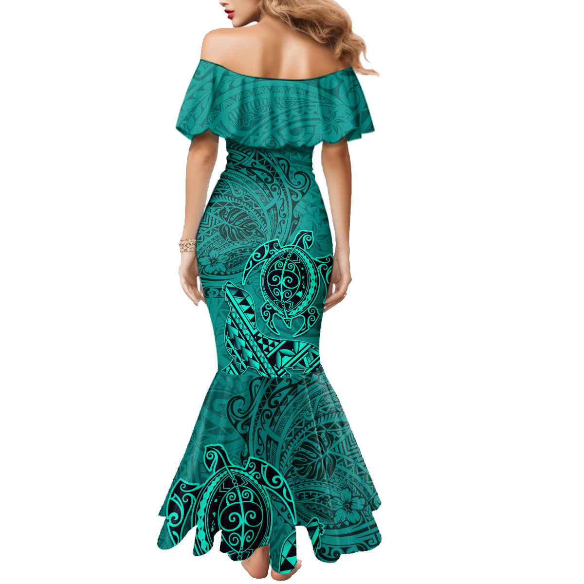 Hawaii Monk Seal and Dolphin Family Matching Mermaid Dress and Hawaiian Shirt Polynesian Kakau Pattern Turquoise