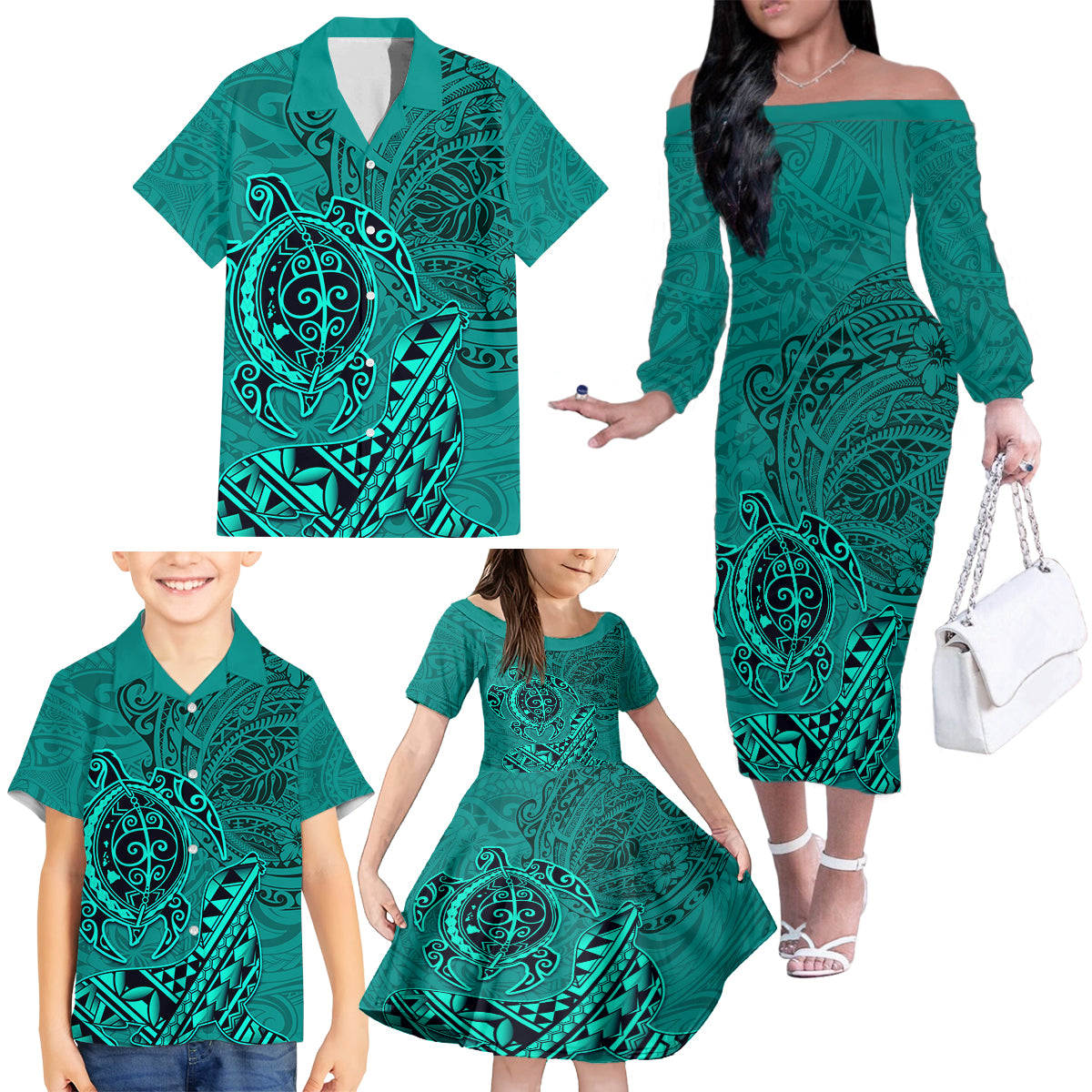 Hawaii Monk Seal and Dolphin Family Matching Off The Shoulder Long Sleeve Dress and Hawaiian Shirt Polynesian Kakau Pattern Turquoise LT03 - Polynesian Pride