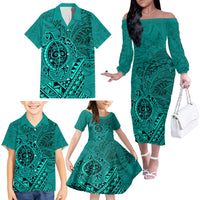 Hawaii Monk Seal and Dolphin Family Matching Off The Shoulder Long Sleeve Dress and Hawaiian Shirt Polynesian Kakau Pattern Turquoise LT03 - Polynesian Pride