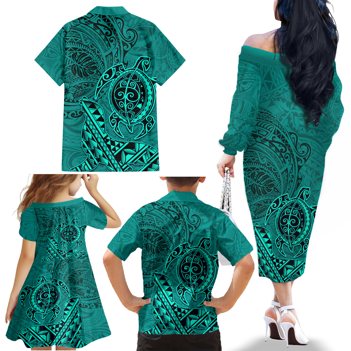 Hawaii Monk Seal and Dolphin Family Matching Off The Shoulder Long Sleeve Dress and Hawaiian Shirt Polynesian Kakau Pattern Turquoise LT03 - Polynesian Pride