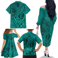 Hawaii Monk Seal and Dolphin Family Matching Off The Shoulder Long Sleeve Dress and Hawaiian Shirt Polynesian Kakau Pattern Turquoise LT03 - Polynesian Pride