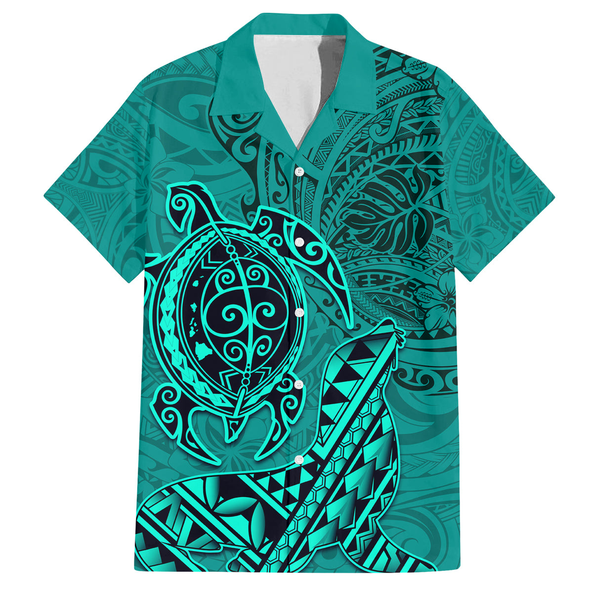 Hawaii Monk Seal and Dolphin Family Matching Off The Shoulder Long Sleeve Dress and Hawaiian Shirt Polynesian Kakau Pattern Turquoise LT03 Dad's Shirt - Short Sleeve Turquoise - Polynesian Pride