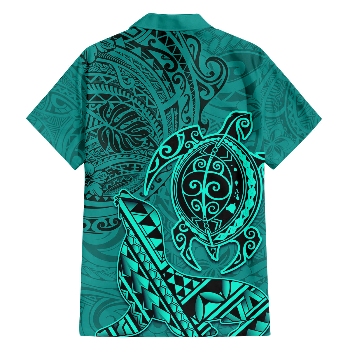 Hawaii Monk Seal and Dolphin Family Matching Off The Shoulder Long Sleeve Dress and Hawaiian Shirt Polynesian Kakau Pattern Turquoise LT03 - Polynesian Pride